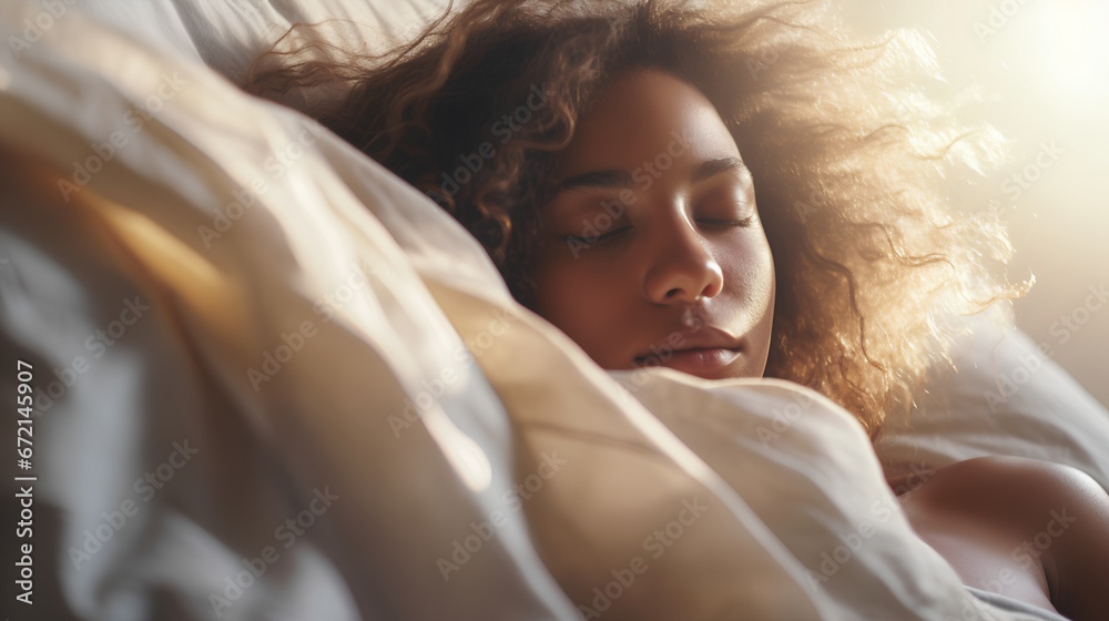 A serene image capturing a womans morning routine as she is getting out of bed. She is enveloped in crisp, white sheets, her eyes gently closed, indicating she is just waking up from a peaceful sleep.