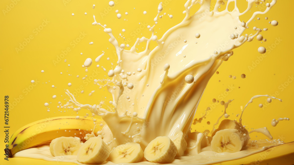 Milk splash with bananas. Sweet dessert cream sweet. Milkshake concept. Generative AI