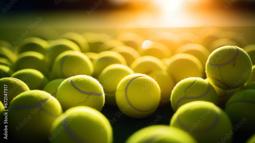 Closeup of a plenty of tennis balls on an empty tennis court, the sunshine. Sports lifestyle concept. Generative AI