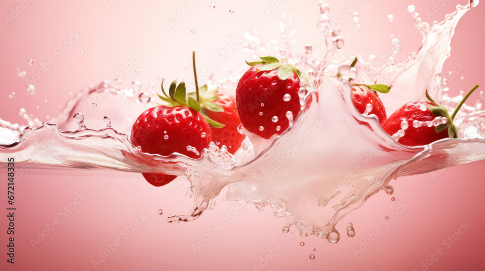 Milk splash with strawberries. Sweet dessert cream. Milkshake concept. Generative AI