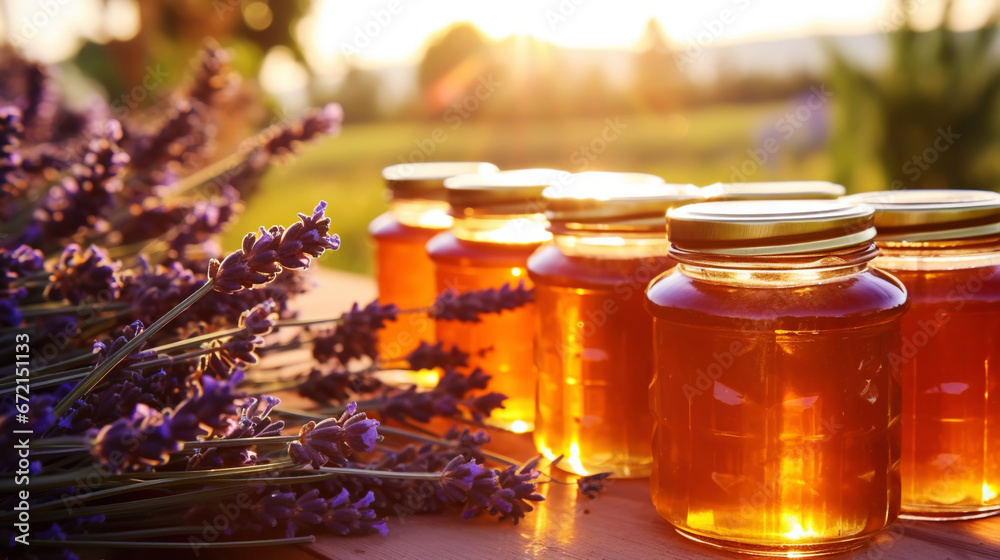 Jars of organic flower honey on a wooden table, with lavender, sunset in the background. Generative AI