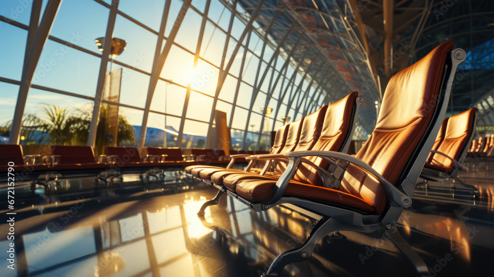 Empty chairs in the departure hall at airport with golden sunset rays. Travel, transportation concept. Generative AI