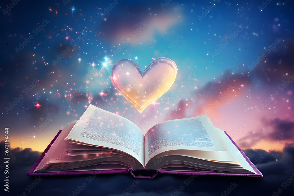 magic book with magic light love, An open book on a sky background with hearts