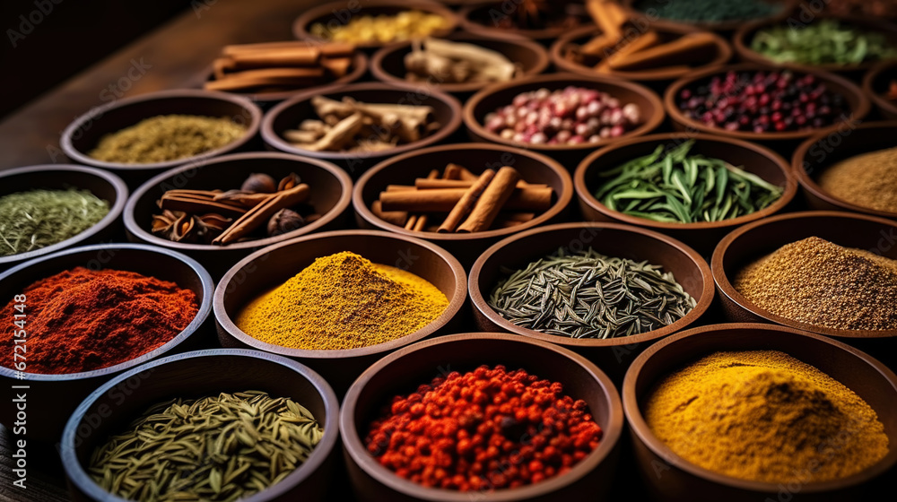 Collection of different aromatic spices, seeds and herbs in a small plates on wooden table, side view. Generative AI