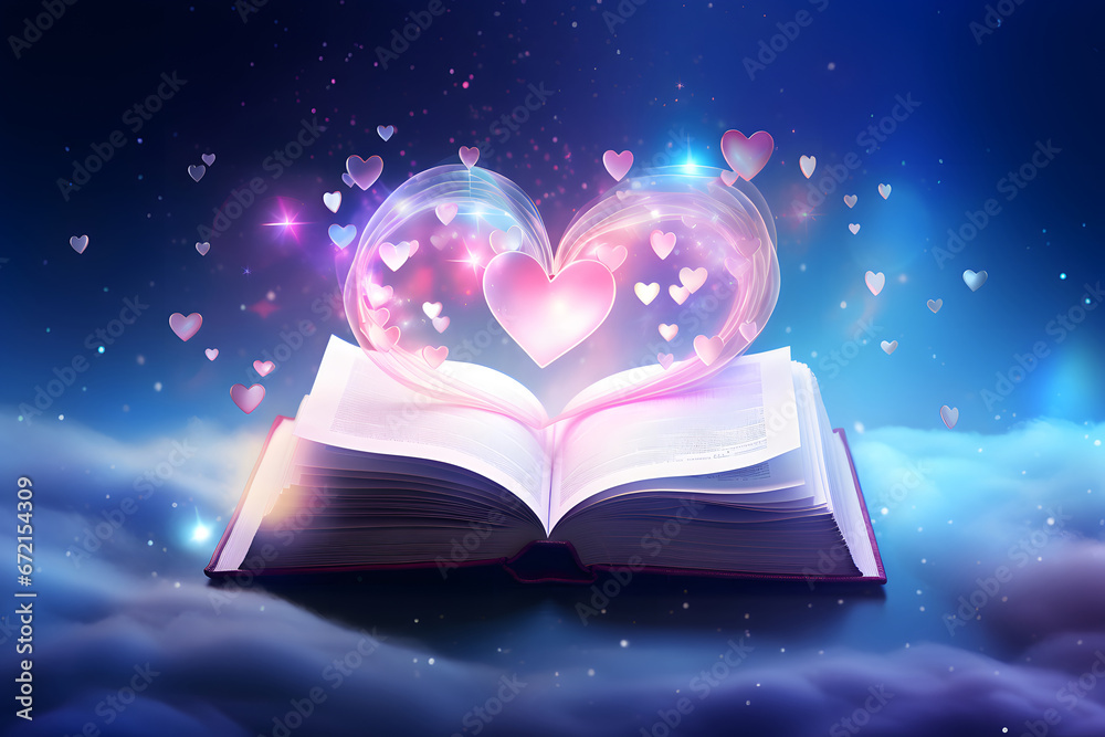 magic book with magic light love, An open book on a sky background with hearts