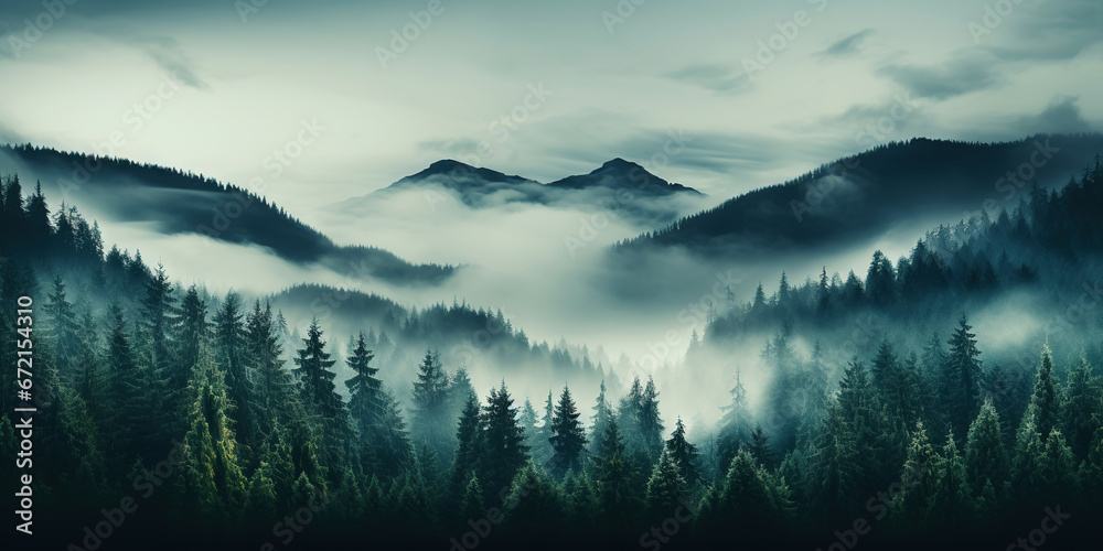 Misty mountain landscape with fir forest in vintage retro style. Generative AI