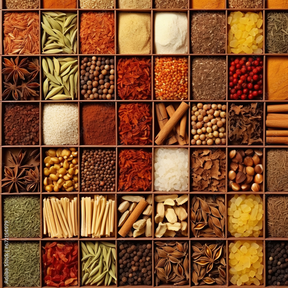 Collection of different aromatic spices and seeds in a wooden cells on black background, view from above. Generative AI