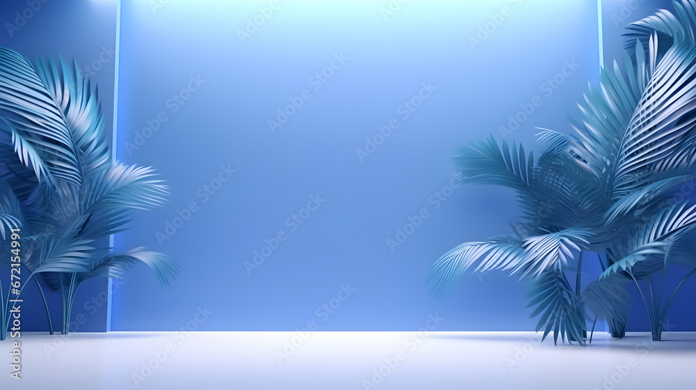 blue studio background for product presentation. Empty room with flowers and palm leaves . 3d room with copy space. Summer concert