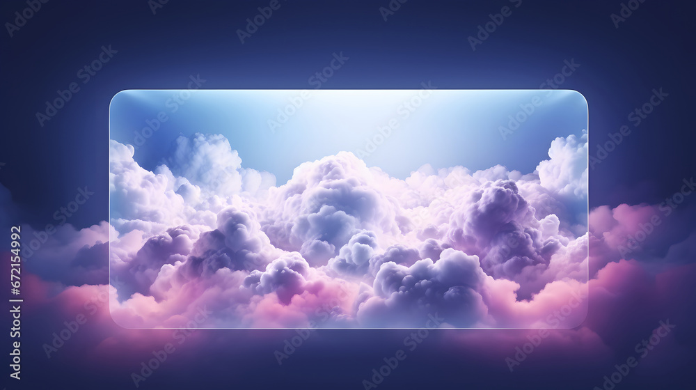 abstract minimal background with pink blue yellow neon light square frame with copy space, illuminated stormy clouds, glowing geometric shape, 3d render