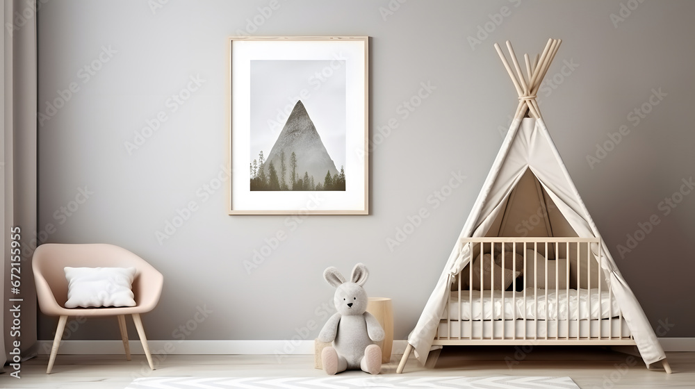 a wall frame mockup in a nursery with a Boho, Scandinavian, eco style.