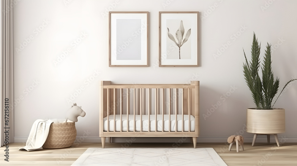 a wall frame mockup in a nursery with a Boho, Scandinavian, eco style.