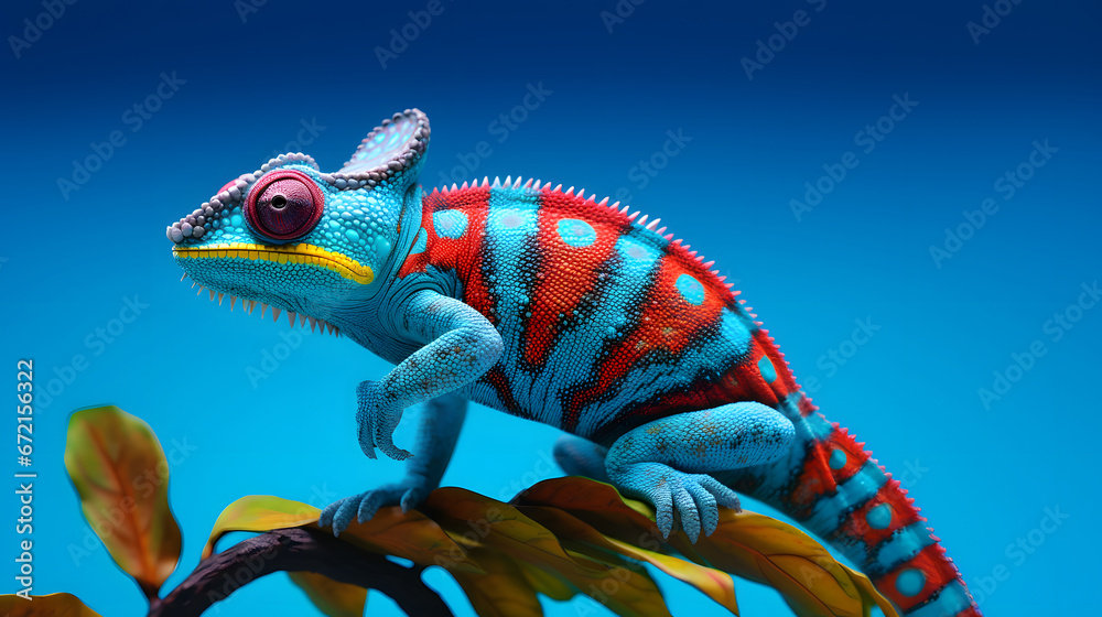 a colorful chameleon on a branch  on blue background