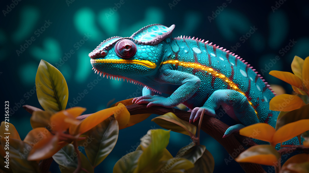 a colorful chameleon on a branch  on blue background