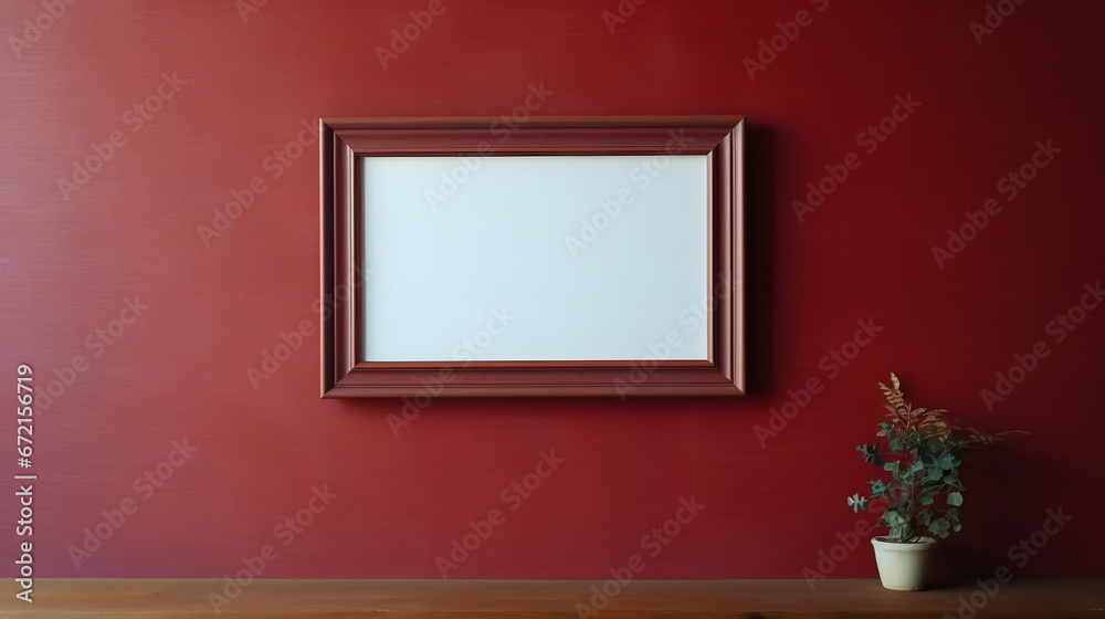 empty frame on the wall with flowers on red wall