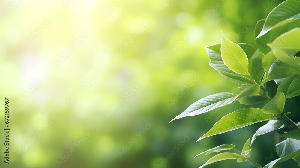 green leaves in sunlight,  green leaf on blurred  background under sunlight with bokeh and copy space