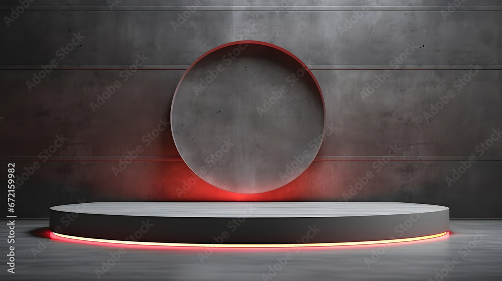 gray podium mockup, textured black wall and neon lights for product presentation