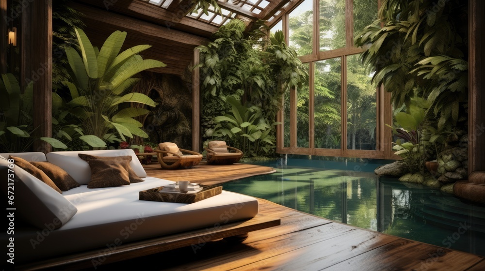 Small private swimming pool at villa in jungle, Green tropical plants around.