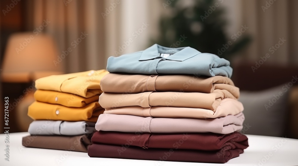 Close-up of different folded clothes on table.