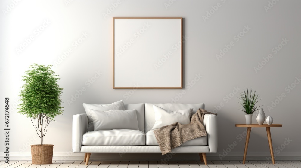 Blank poster frame, white poster frame in minimalist modern style living room.