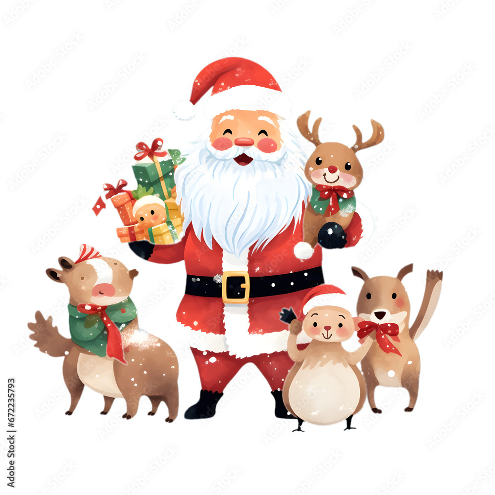 Santa Claus with gifts and cartoon decorations. on Christmas and New Year gift concept.