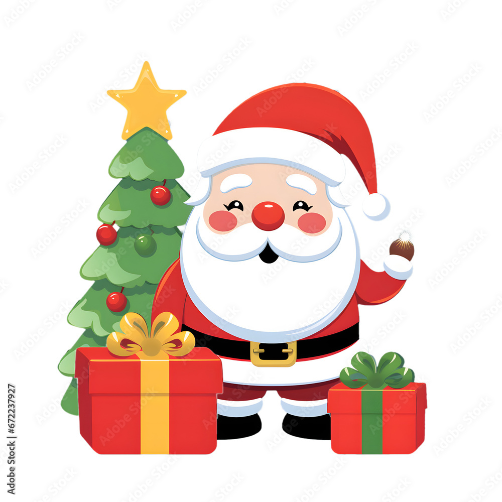 Santa Claus with gifts and cartoon decorations. on Christmas and New Year gift concept.