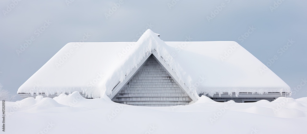 After a substantial snowfall during wintertime the roof of a residence is enveloped in a layer of white snow