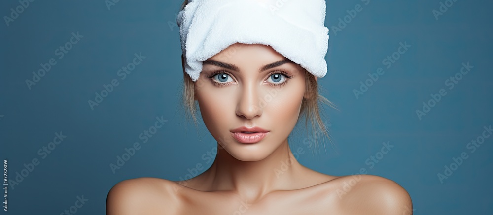 A lady wearing a towel around her head grasping a cotton pad