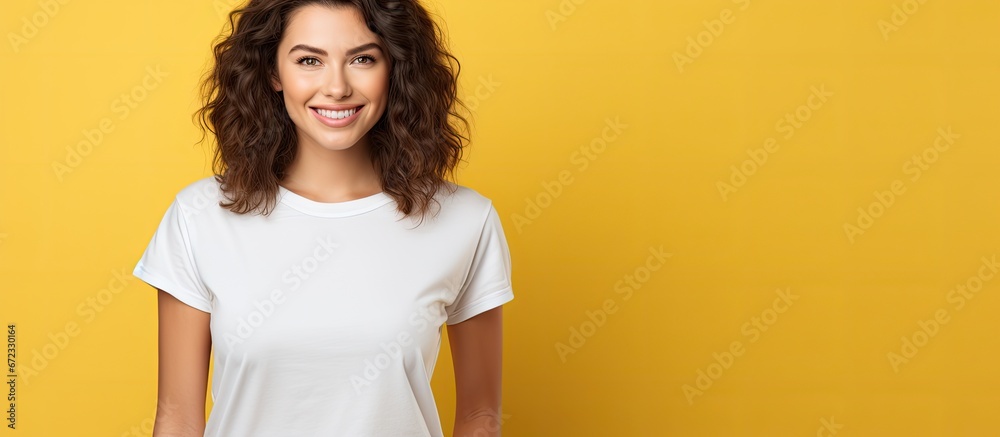 A girl with brown hair and a white shirt is happily displaying the OK sign while standing alone against a yellow background