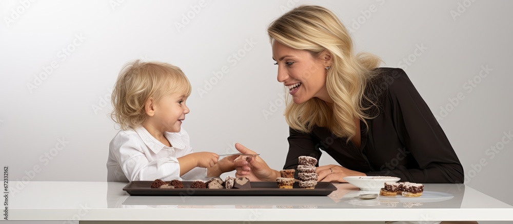 A blond baby who is two years old is sitting on their mother s lap while wearing a grey shirt They are enjoying a chocolate treat on a white table The mother is wearing a black shirt