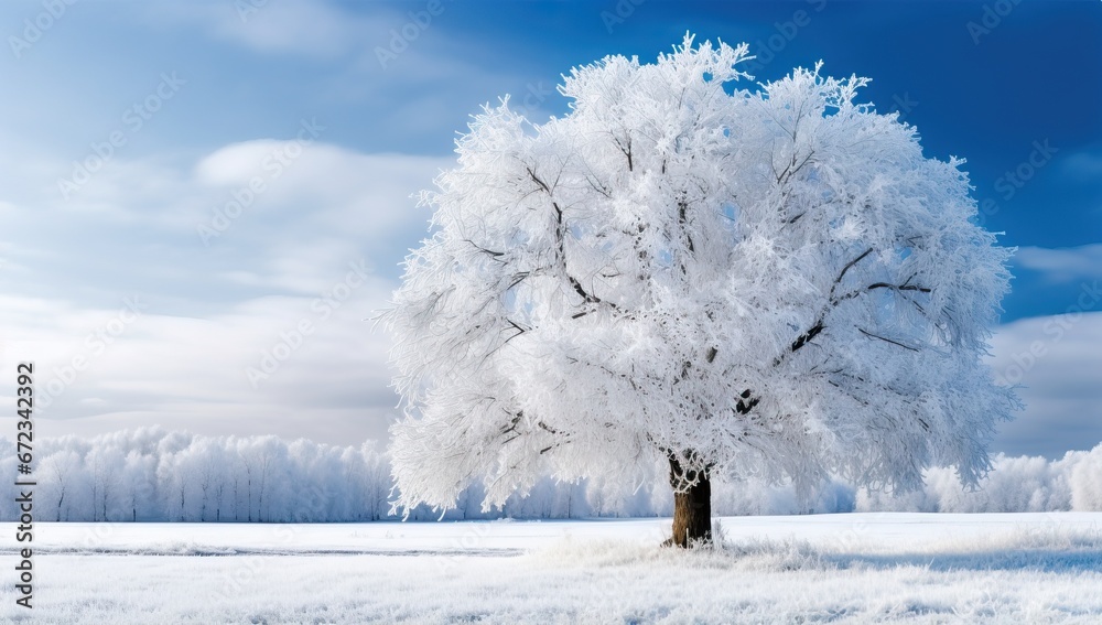 Frost Covered Tree in Snowy Field