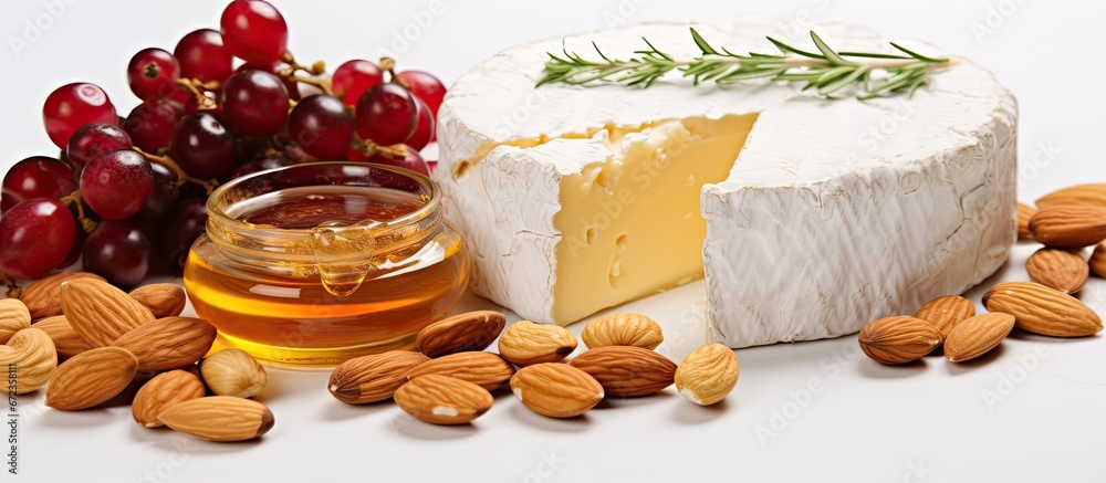 Camembert and curd placed on a white fabric accompanied by a selection of cheeses peanuts and honey spread out on a white surface Also cheese pomegranate seeds and nuts are part of this asso