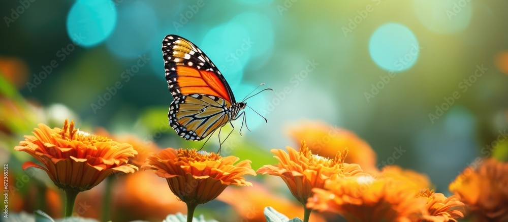 A vibrant butterfly resting on a vivid orange blossom