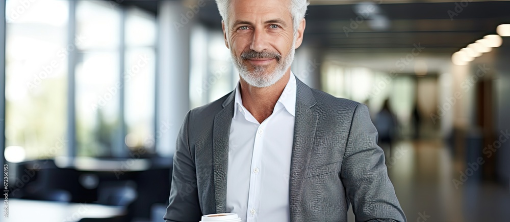 A grown professional man enjoying a beverage while in the lobby of his workplace