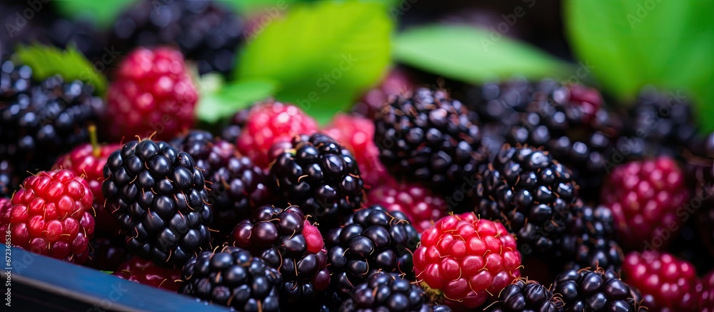 A bunch of berries consisting of both ripe and unripe blackberries captured closely on the bush with a selective focus