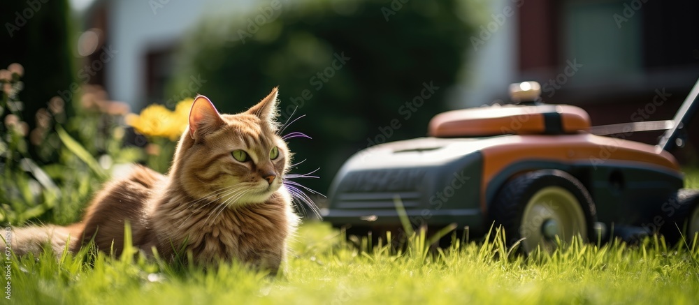 Cat sleeps beside electric lawnmower on plush grass in garden captured in outdoor green shot