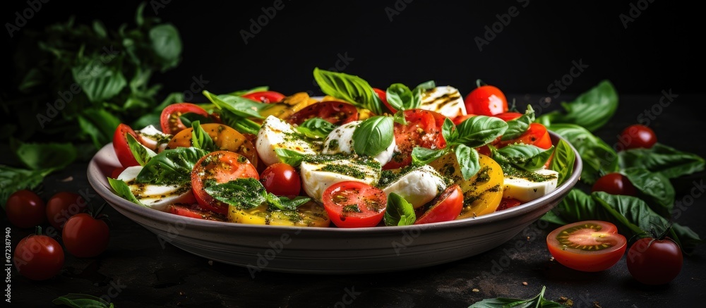 A nutritious veggie dish Caprese salad packed with cherry plum tomatoes fresh mozzarella and fragrant basil