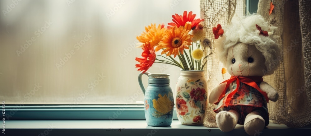 Decorations for Easter placed on the windowsill A retro style arrangement capturing an Easter still life featuring a rag doll and a vase adorned with decorative elements