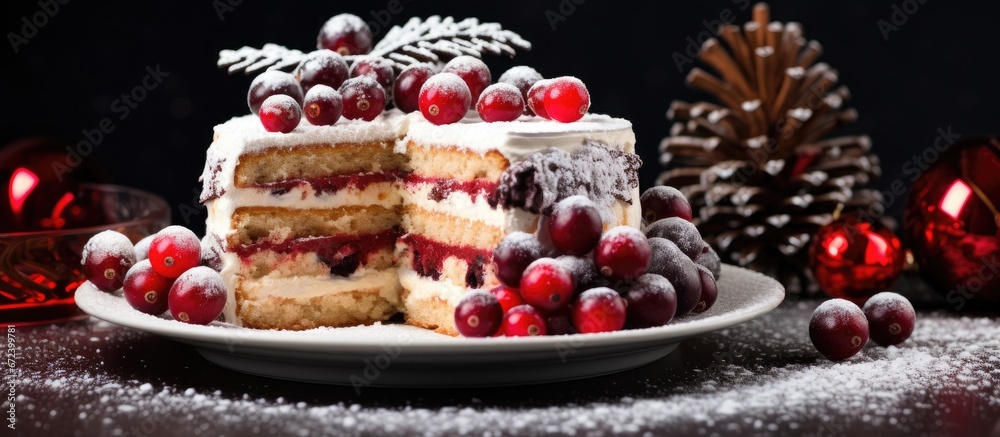 Christmas themed cherry cake decorated with Christmas elements cut into slices