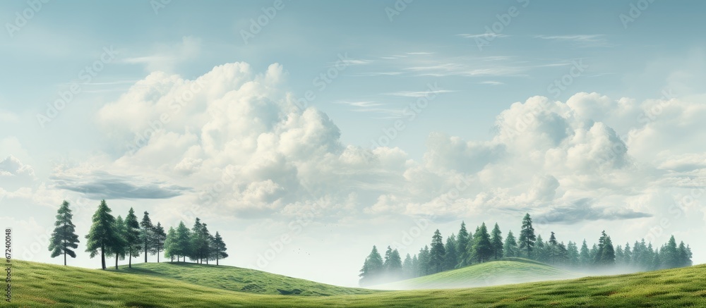 A hilly landscape adorned by trees beneath a sky filled with clouds