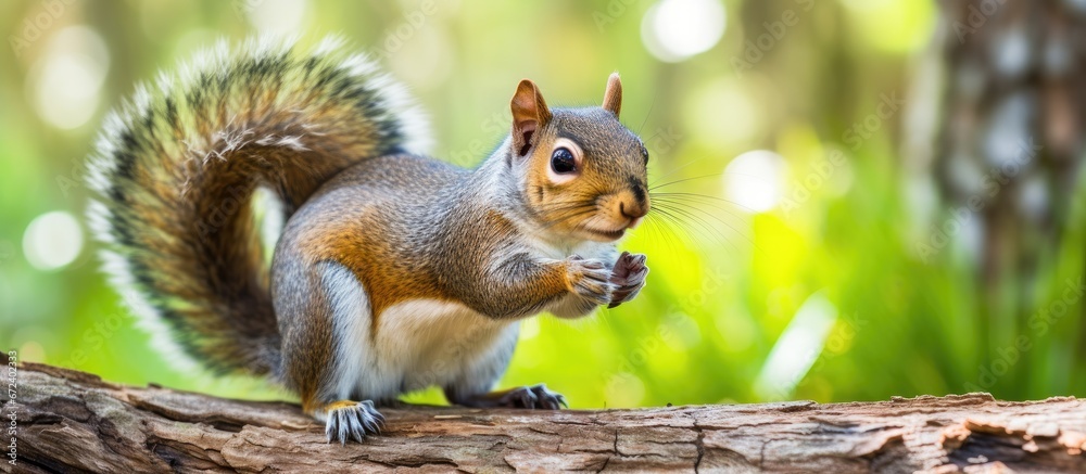 A peanut is being consumed by a grey squirrel standing in the east