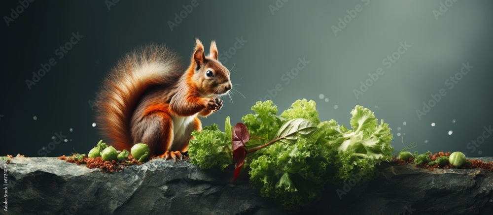 A lettuce consuming squirrel perched on a rock