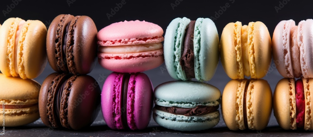 A tilted angle view of a batch of macarons which are freshly baked and colorful These delightful treats are made from a mixture of egg white coconut almond and sugar They are then filled wi