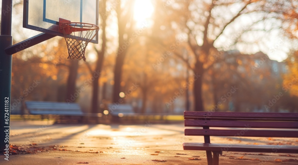 basketball hoop at the court at sunset