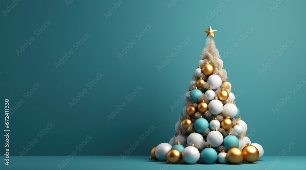 hristmas tree with golden, blue and white ornaments and presents on turquoise background