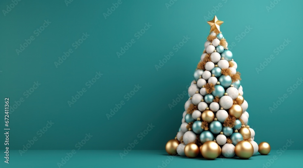 hristmas tree with golden, blue and white ornaments and presents on turquoise background