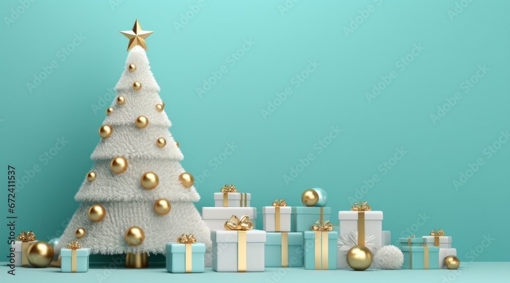 hristmas tree with golden, blue and white ornaments and presents on turquoise background