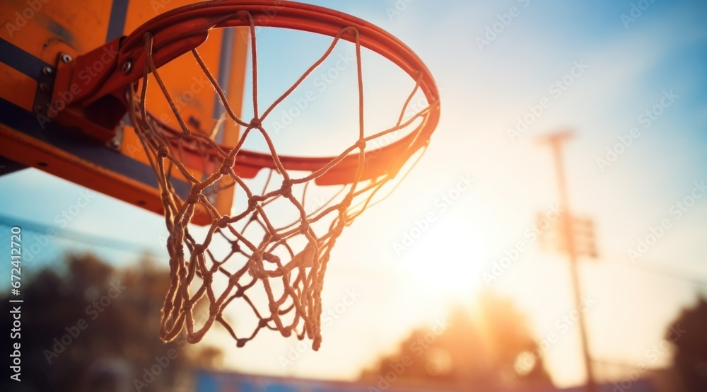 basketball hoop at the court at sunset