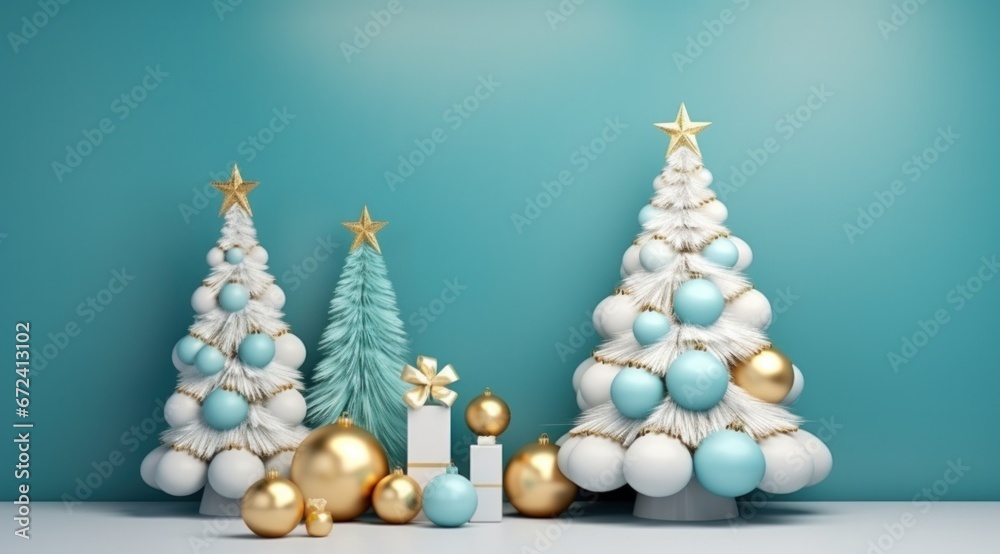 hristmas tree with golden, blue and white ornaments and presents on turquoise background