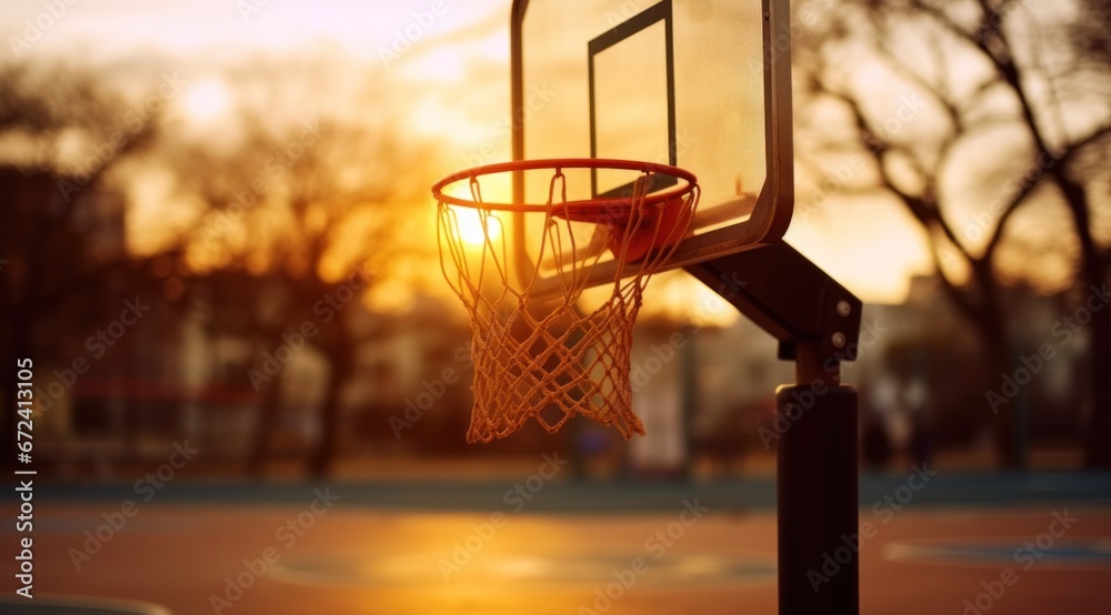 basketball hoop at the court at sunset