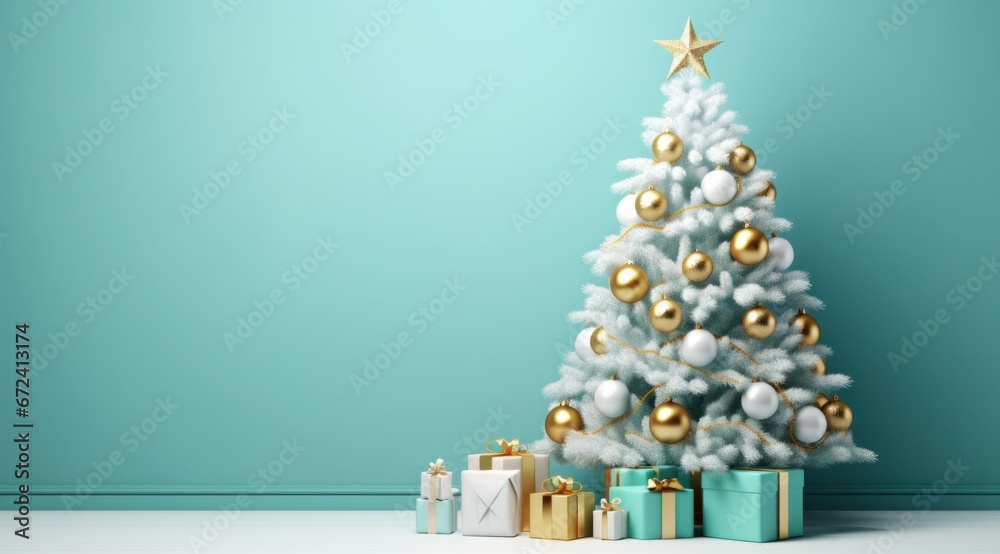 hristmas tree with golden, blue and white ornaments and presents on turquoise background